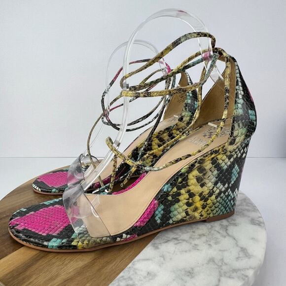 EUC VINCE CAMUTO STASSIA LEATHER Colorful Snakeskin Ankle Tie STRAPPY WEDGE 9 - Picture 1 of 10